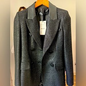 Zara Black Shimmer, Faux Leather Contrast. Double Breasted Blazer XS.